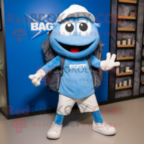 Blue Aglet mascot costume character dressed with a Joggers and Backpacks