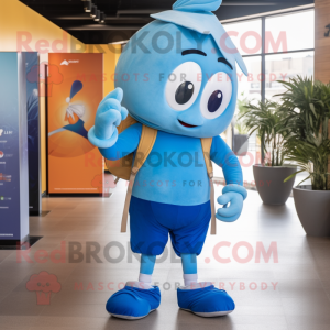Blue Aglet mascot costume character dressed with a Joggers and Backpacks