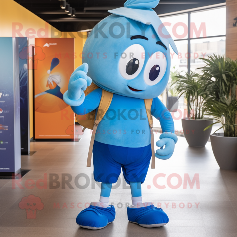 Blue Aglet mascot costume character dressed with a Joggers and Backpacks Blue Aglet mascot costume character dressed with a Joggers and Backpacks