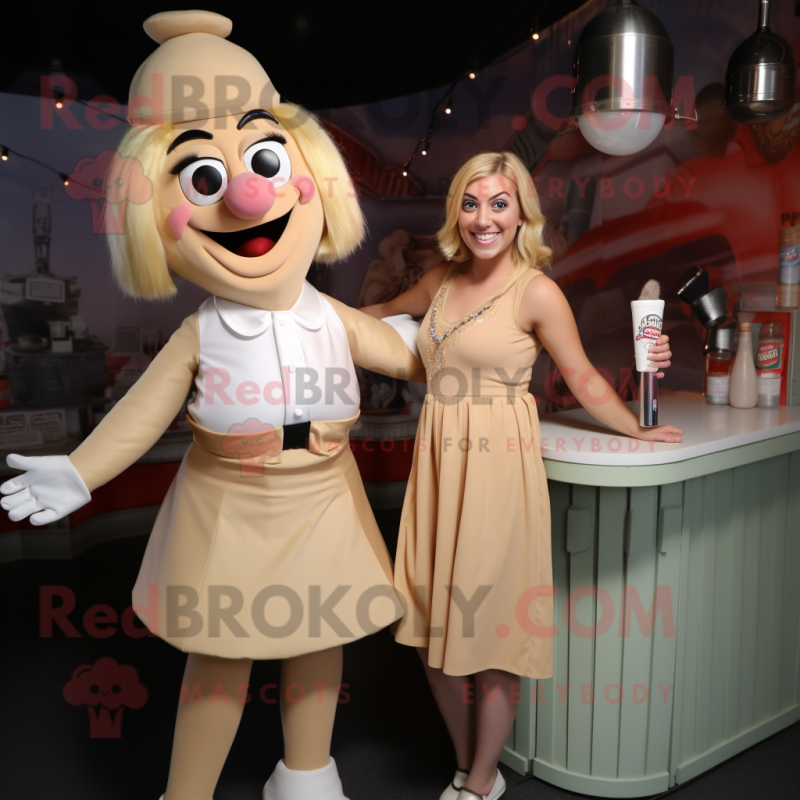 Tan Juggle mascot costume character dressed with a Cocktail Dress and Suspenders Tan Juggle mascot costume character dressed with a Cocktail Dress and Suspenders