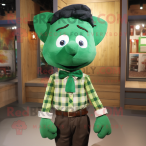 Green Tikka Masala mascot costume character dressed with a Flannel Shirt and Bow ties