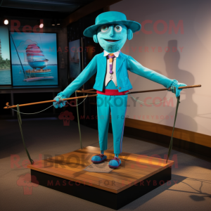 Turquoise Tightrope Walker mascot costume character dressed with a Graphic Tee and Pocket squares