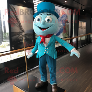 Turquoise Tightrope Walker mascot costume character dressed with a Graphic Tee and Pocket squares