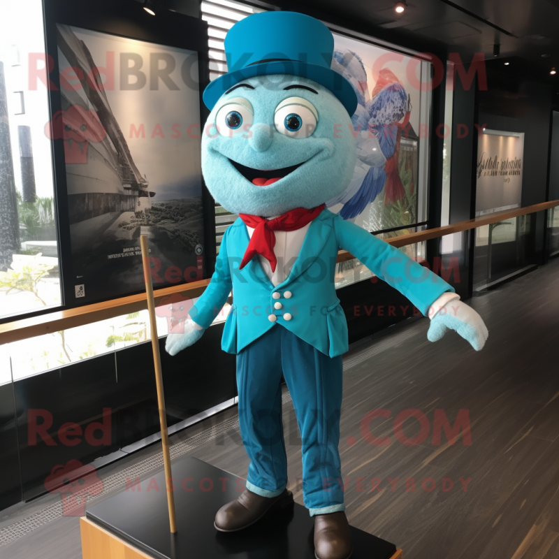 Turquoise Tightrope Walker mascot costume character dressed with a Graphic Tee and Pocket squares Turquoise Tightrope Walker mascot costume character dressed with a Graphic Tee and Pocket squares