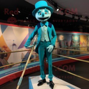 Turquoise Tightrope Walker mascot costume character dressed with a Graphic Tee and Pocket squares