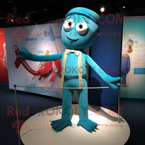 Turquoise Tightrope Walker mascot costume character dressed with a Graphic Tee and Pocket squares