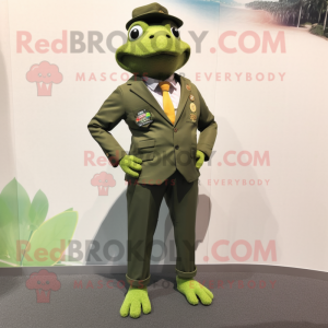 Olive Frog mascot costume character dressed with a Suit Jacket and Watches