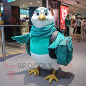 Turquoise Gull mascot costume character dressed with a Sweater and Messenger bags