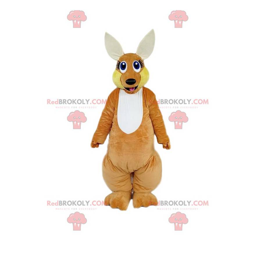 Mascotte de kangourou marron avec un regard éveillé -