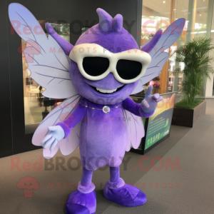 Purple Tooth Fairy mascot costume character dressed with a Long Sleeve Tee and Sunglasses