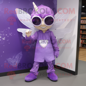 Purple Tooth Fairy mascot costume character dressed with a Long Sleeve Tee and Sunglasses