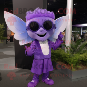 Purple Tooth Fairy mascot costume character dressed with a Long Sleeve Tee and Sunglasses