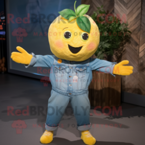 Yellow Grapefruit mascot costume character dressed with a Denim Shirt and Headbands