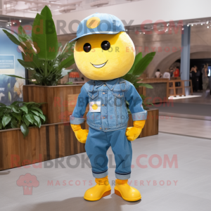 Yellow Grapefruit mascot costume character dressed with a Denim Shirt and Headbands