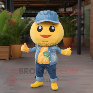 Yellow Grapefruit mascot costume character dressed with a Denim Shirt and Headbands