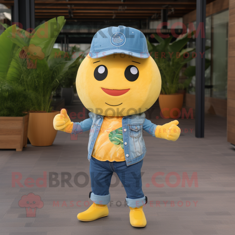 Yellow Grapefruit mascot costume character dressed with a Denim Shirt and Headbands Yellow Grapefruit mascot costume character dressed with a Denim Shirt and Headbands