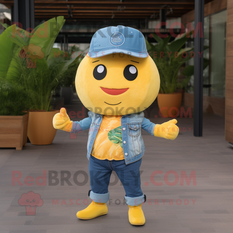 Yellow Grapefruit mascot costume character dressed with a Denim Shirt and Headbands