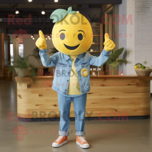 Yellow Grapefruit mascot costume character dressed with a Denim Shirt and Headbands