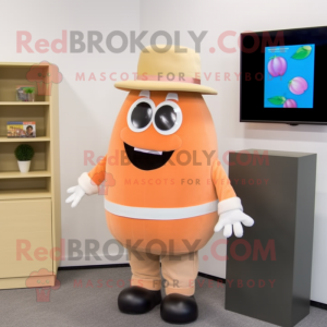 Peach Television mascot costume character dressed with a Dress Shirt and Beanies