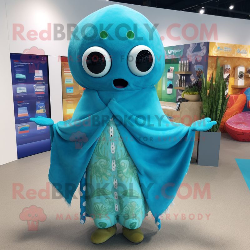 Cyan Enchiladas mascot costume character dressed with a One-Piece Swimsuit and Shawls