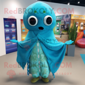 Cyan Enchiladas mascot costume character dressed with a One-Piece Swimsuit and Shawls