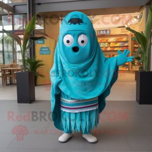 Cyan Enchiladas mascot costume character dressed with a One-Piece Swimsuit and Shawls