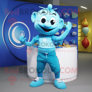 Cyan Acrobat mascot costume character dressed with a T-Shirt and Coin purses