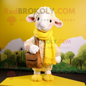 Lemon Yellow Merino Sheep mascot costume character dressed with a Poplin Shirt and Scarves