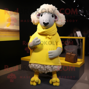 Lemon Yellow Merino Sheep mascot costume character dressed with a Poplin Shirt and Scarves