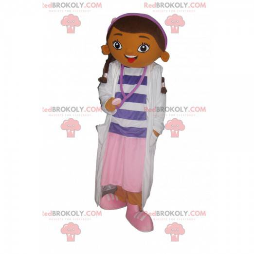 Mascotte de petite fille brune en tenue d'infirmière -
