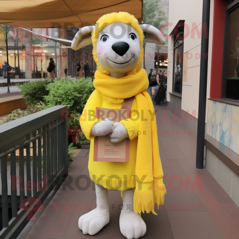 Lemon Yellow Merino Sheep mascot costume character dressed with a Poplin Shirt and Scarves