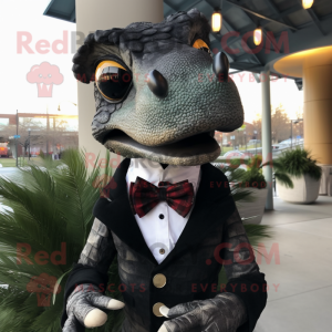 Black Utahraptor mascot costume character dressed with a Sweater and Bow ties