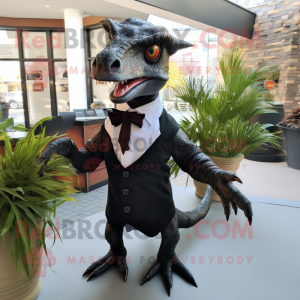 Black Utahraptor mascot costume character dressed with a Sweater and Bow ties
