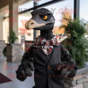 Black Utahraptor mascot costume character dressed with a Sweater and Bow ties