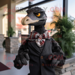 Black Utahraptor mascot costume character dressed with a Sweater and Bow ties
