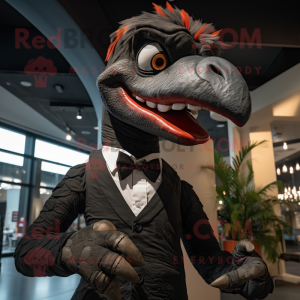 Black Utahraptor mascot costume character dressed with a Sweater and Bow ties