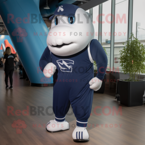 Navy Whale mascot costume character dressed with a Joggers and Foot pads
