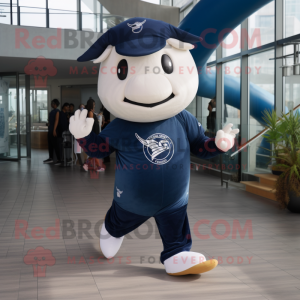 Navy Whale mascot costume character dressed with a Joggers and Foot pads