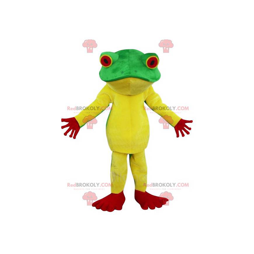 Grünes, gelbes und rotes Froschmaskottchen - Redbrokoly.com
