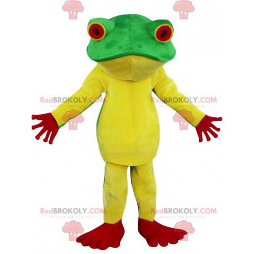 Groen, geel en rood kikker mascotte - Redbrokoly.com