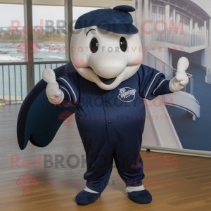 Navy Whale mascot costume character dressed with a Joggers and Foot pads