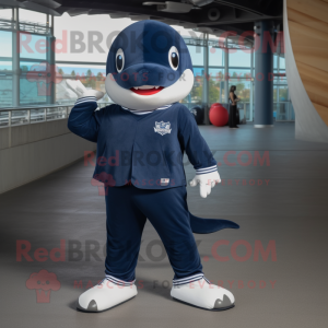 Navy Whale mascot costume character dressed with a Joggers and Foot pads