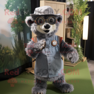 Gray Spectacled Bear mascot costume character dressed with a Midi Dress and Caps