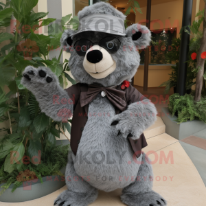 Gray Spectacled Bear mascot costume character dressed with a Midi Dress and Caps