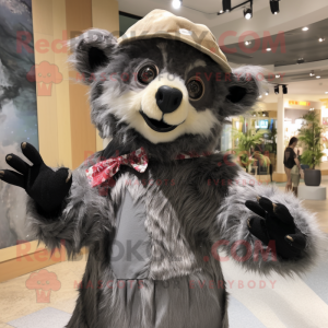 Gray Spectacled Bear mascot costume character dressed with a Midi Dress and Caps