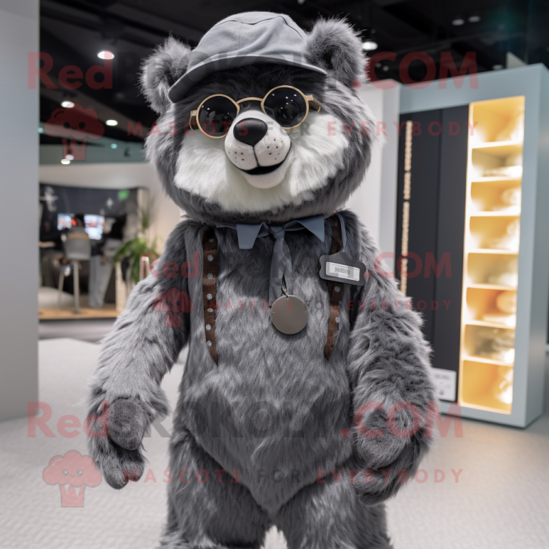 Gray Spectacled Bear mascot costume character dressed with a Midi Dress and Caps