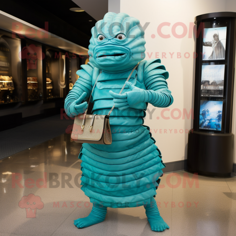 Cyan Trilobite mascot costume character dressed with a Empire Waist Dress and Wallets