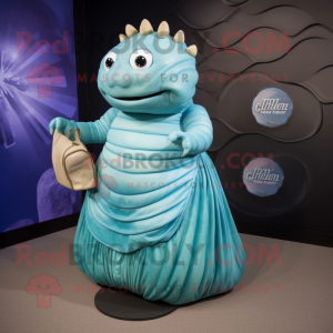 Cyan Trilobite mascot costume character dressed with a Empire Waist Dress and Wallets
