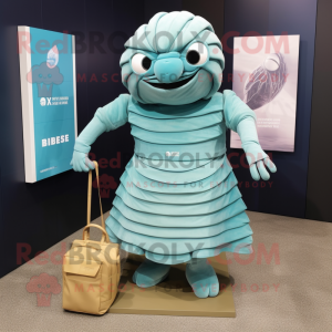 Cyan Trilobite mascot costume character dressed with a Empire Waist Dress and Wallets