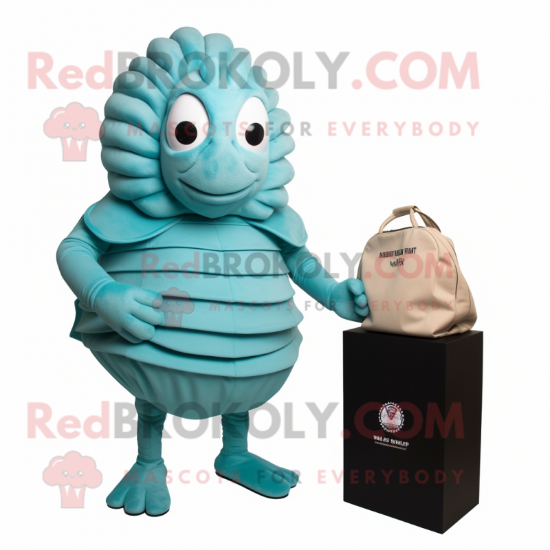 Cyan Trilobite mascot costume character dressed with a Empire Waist Dress and Wallets